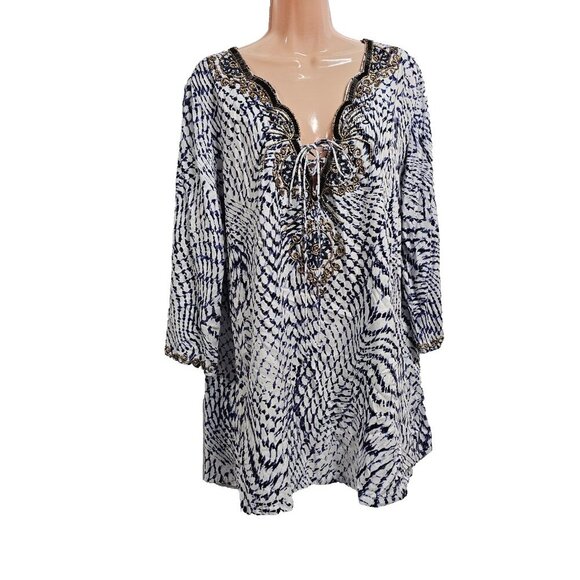 Soft Surroundings South Beach Beaded Top tunic Blouse Women Size XL White Blue - Picture 5 of 15
